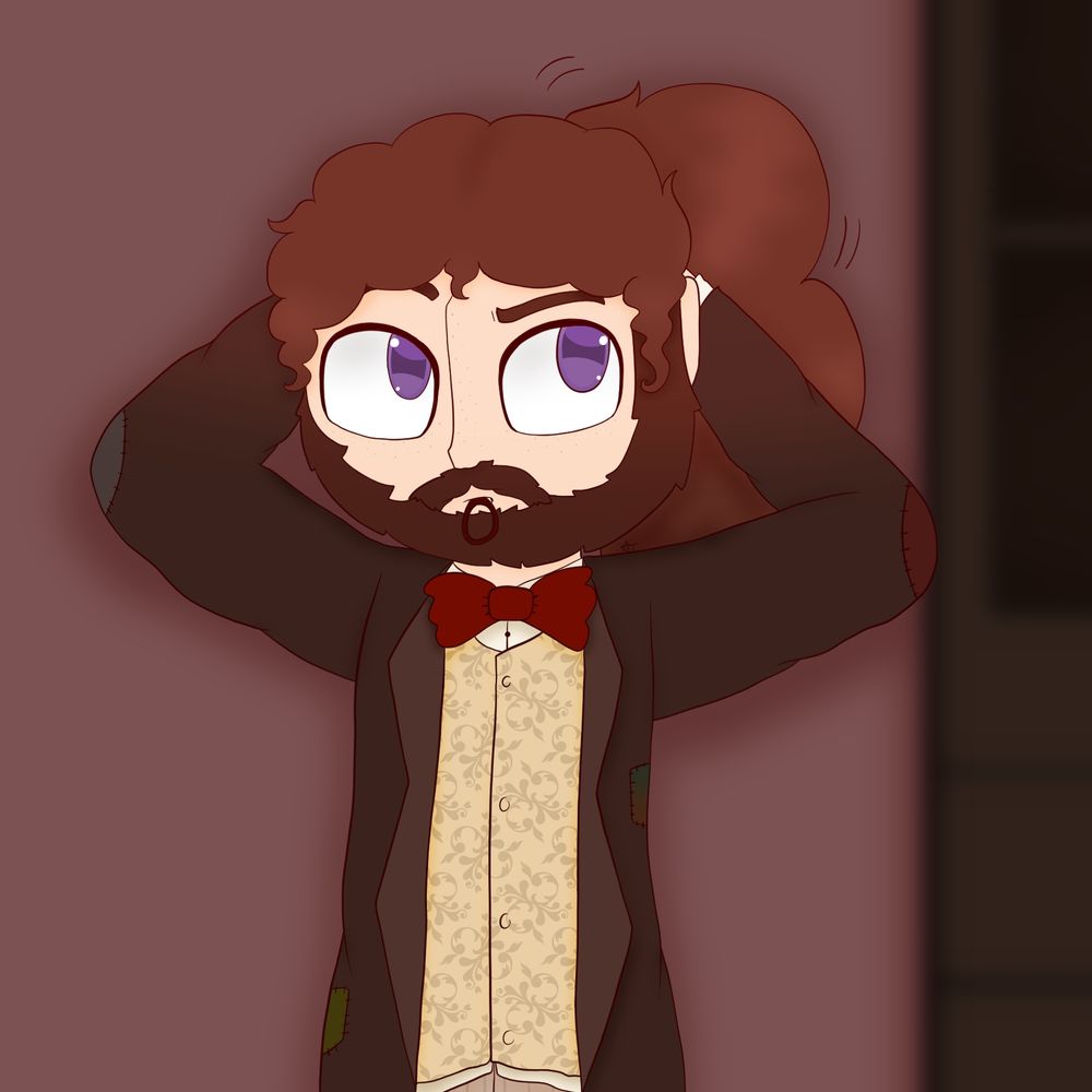 A soft shaded digital drawing of an animated man with red hair and purple eyes tying his hair into a ponytail.