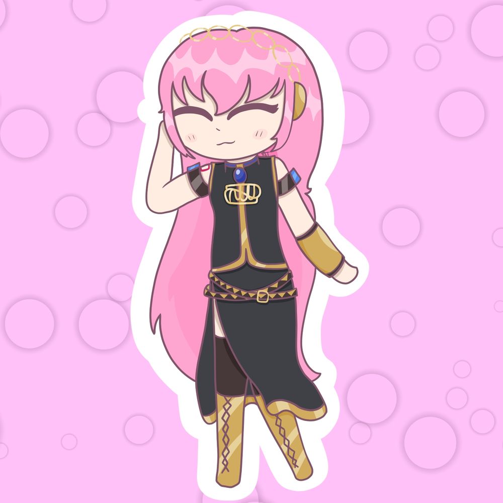 A cel-shaded digital drawing of an animated woman with long pink hair wearing a black shirt and skirt with gold accents.