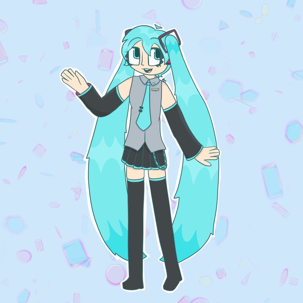 A cel-shaded drawing of an animated girl with long cyan pigtails and blue eyes wearing a grey shirt, black sleeves, long black boots, and a black skirt.