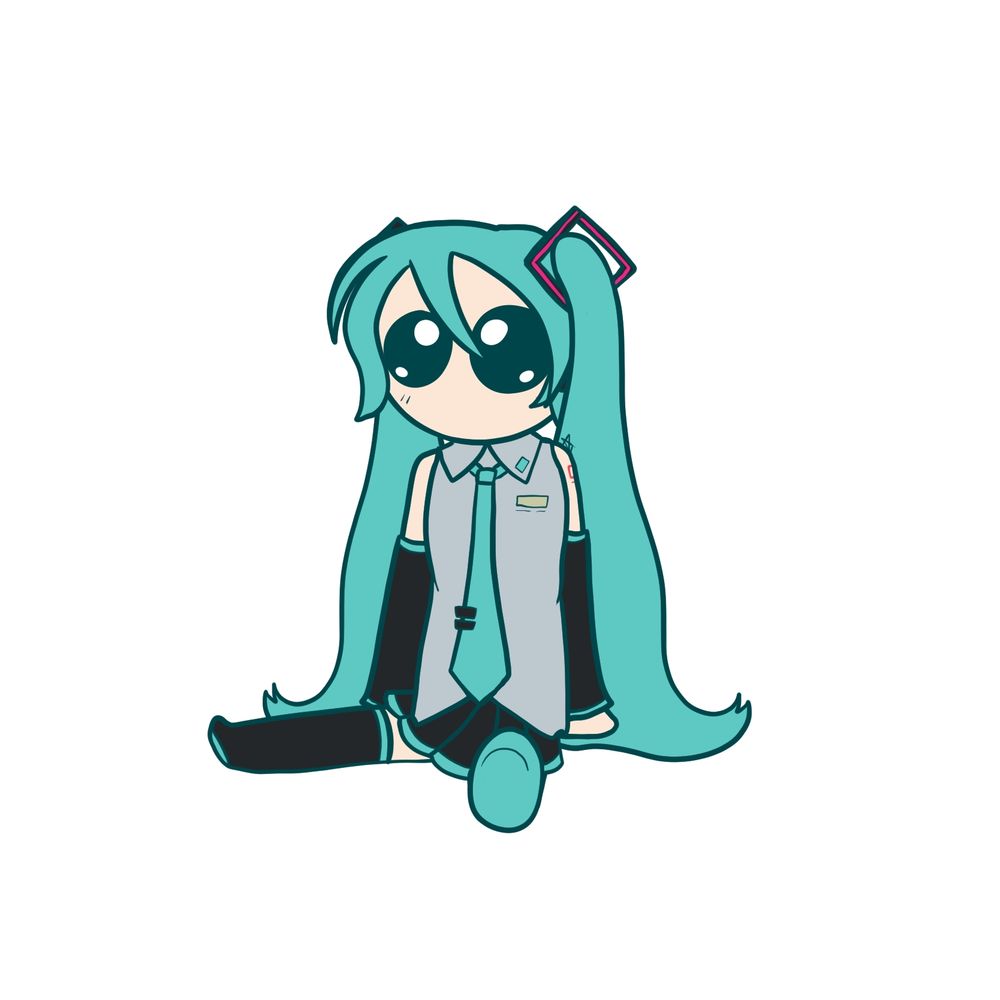 A drawing of Hatsune Miku sat on the floor with large eyes, wearing her signature grey shirt and black skirt.