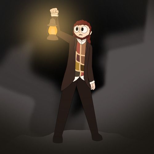 A full-body drawing of a man with long red hair, red facial hair, pale skin, and black eyes wearing a shirt, waistcoat, brown trousers, and a brown jacket stands holding a lantern in a dark cave setting.