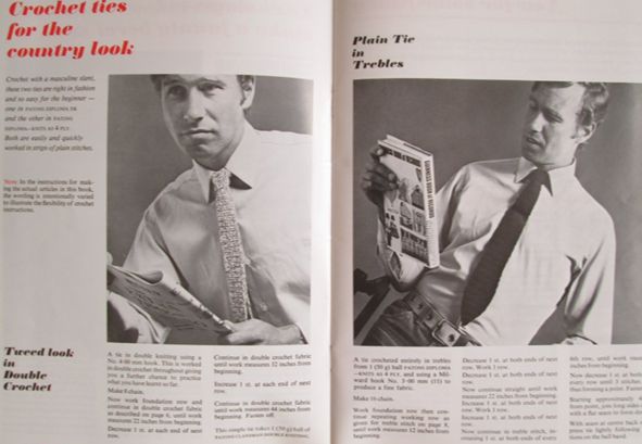 Pictures from a crochet pattern book with black-and-white fashion photos, entitled 'Crochet ties for the country look'. One has a man raising an eyebrow with a light crochet tie, and the other is looking intently at the cover of the Guinness Book of Records with a dark pointy crochet tie.