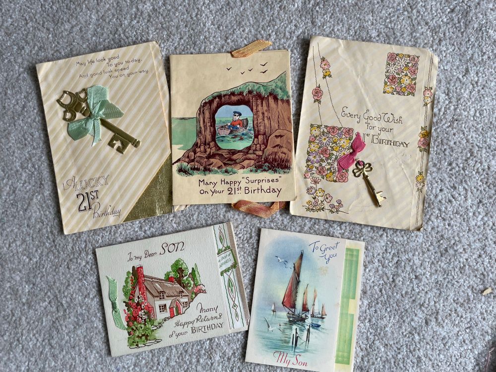 A sample of 5 old yellowed 21st birthday cards with boats and good luck keys from my Grandad’s 21st birthday in 1941