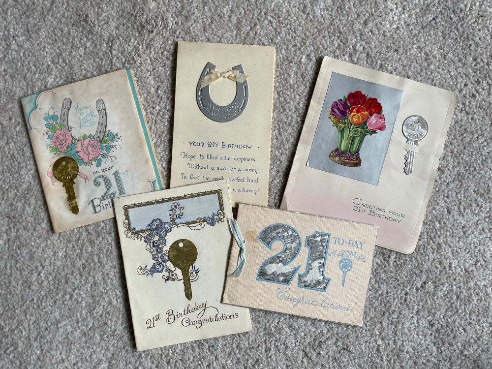 A sample of 5 old yellowed 21st birthday cards with good luck keys and horseshoes from my Nana’s 21st birthday in 1944