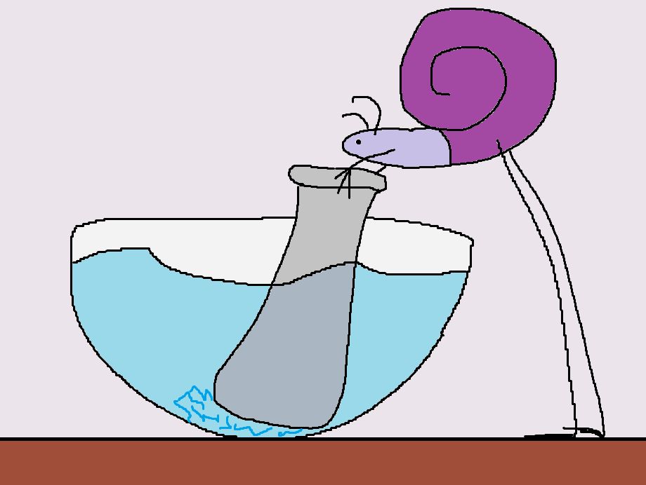 A snail with a lilac body and purple shell has arms and is holding a pestle, which is being used in a bowl of water. There are darker, zig zag lines within the water beneath the base of the pestle, as if to suggest the attempt to crush it is working. The snail also has very long legs with lines for feet that are on the same level as the base of the bowl, the legs lifting the snail above the bowl so they can hold the pestle. The image is drawn in MS Paint