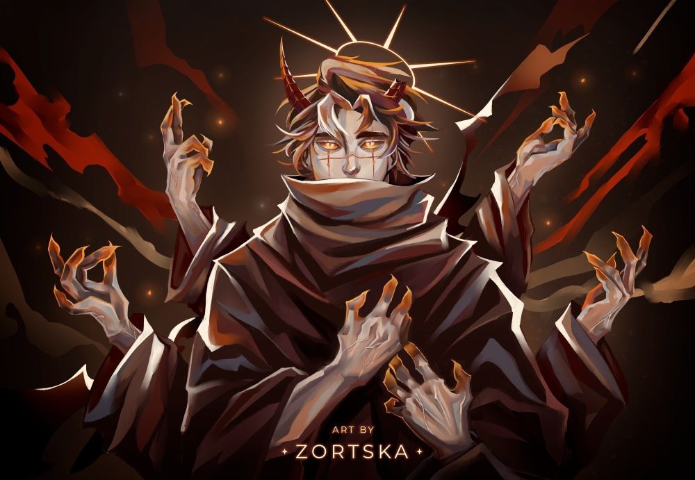 A dramatic illustration of a figure with multiple hands in meditative or ritualistic poses, glowing orange eyes, and red horns. They wear a flowing dark robe, and a radiant halo-like light surrounds their head. The background features warm tones of red and gold, creating a mystical and otherworldly atmosphere. Artwork by Zortska