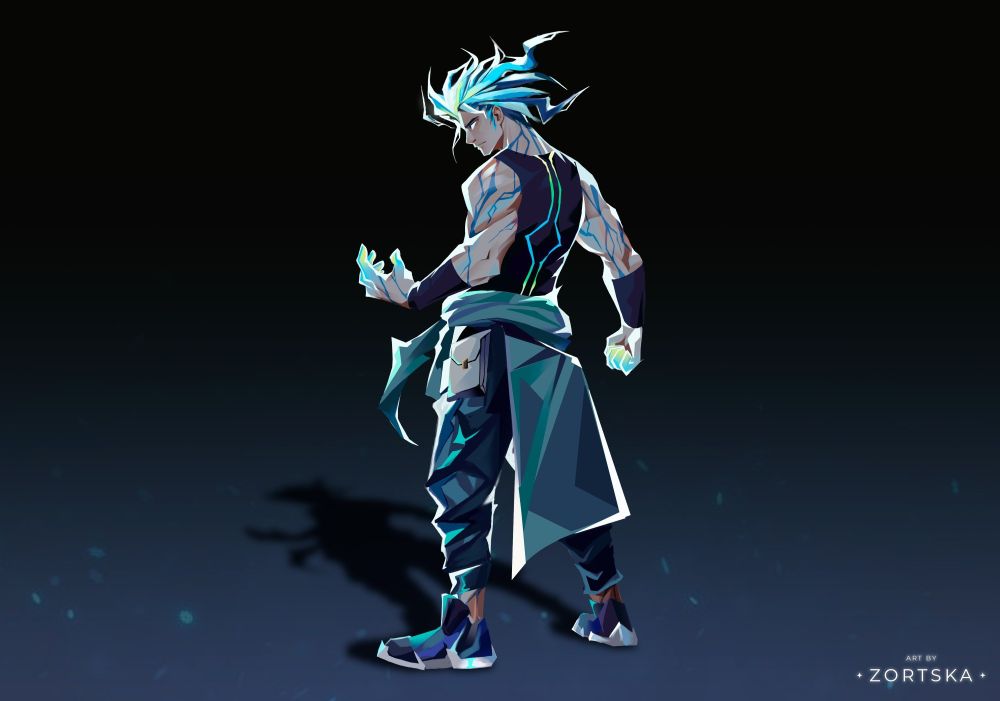 Dynamic artwork of a character with glowing blue and white hair, streaked with energy that crackles like lightning. The character, seen from a dramatic side angle, has a muscular build and wears a sleeveless outfit with flowing cloth tied at the waist. Electric veins pulse across their body, illuminating the dark background, and their intense gaze emphasizes their power and control over the lightning surrounding them. Art by Zortska