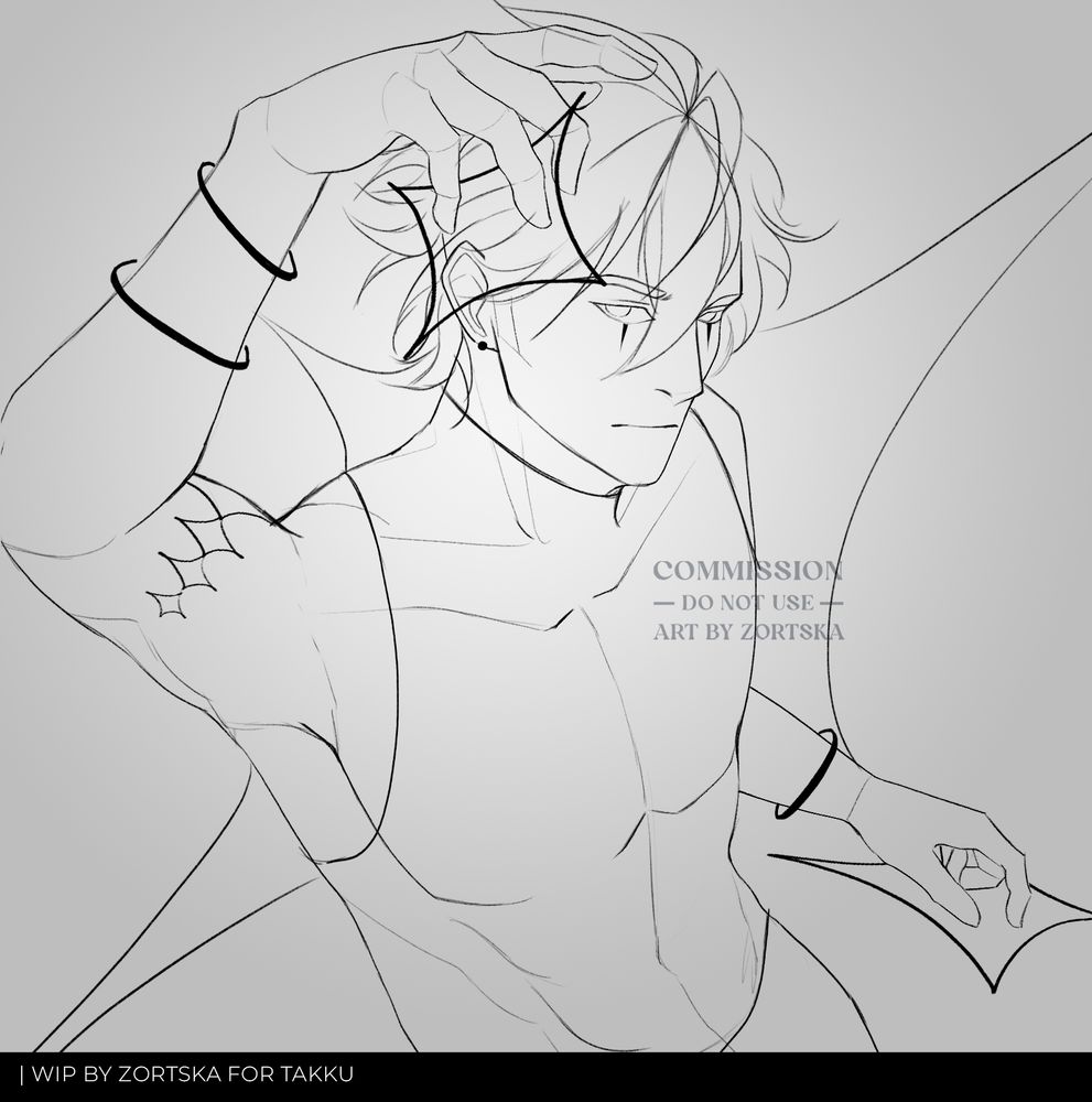 A digital sketch of a male character from the torso up. He has a serious expression and is looking to his left, with his right hand gently touching his hair. He has a tattoo on his left shoulder and is wearing multiple bracelets on both arms. WIP by Zortska Comm for Takku