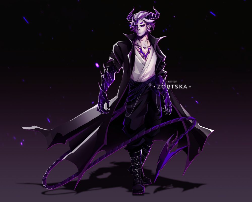 A dynamic illustration of a male character with a striking design. He has white, windswept hair, prominent curved horns, and glowing purple markings on his chest and face. His outfit consists of a long, flowing black coat with jagged edges, a white shirt, and black pants with layered belts. His clawed hand and tail emit a faint purple glow, matching the ominous atmosphere of the background, which is speckled with glowing purple particles. The art style combines anime and fantasy elements, exuding power and mystery. Artwork by zortska