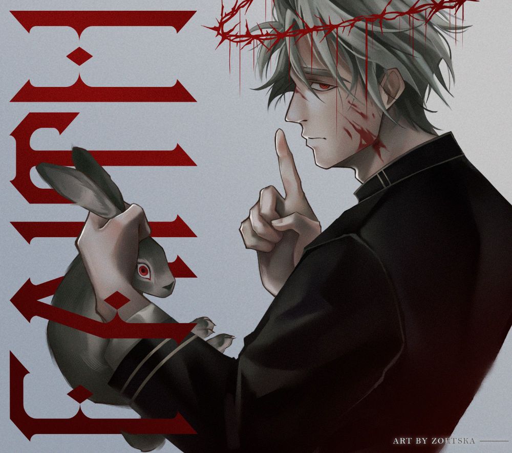A pale young man with messy silver hair and red eyes holds a gray rabbit by the scruff, his finger raised to his lips in a “shh” gesture. Blood trickles down his face from a crown of thorns on his head. The word “FAITH” is written vertically in bold red gothic letters. The atmosphere is dark and unsettling. The artwork has a polished, anime-inspired style. Art by Zortska