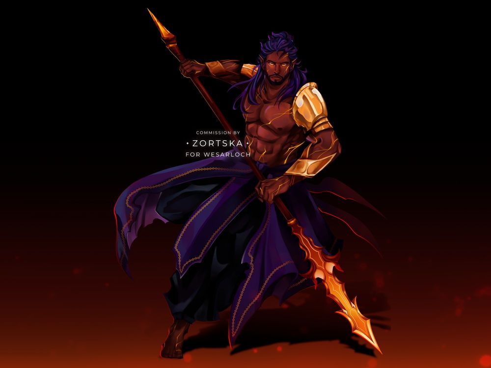 A powerful warrior with dark skin, glowing golden eyes, and long, flowing purple hair stands ready for battle. He wears golden armor on one shoulder and forearms, with intricate glowing cracks running across his muscular torso. His deep purple and black robes have ornate golden embroidery, billowing dramatically as he grips a fiery, bladed spear. The background is dark with ember-like sparks, enhancing the intense and regal atmosphere. Commission by Zortska for Wesarloch.