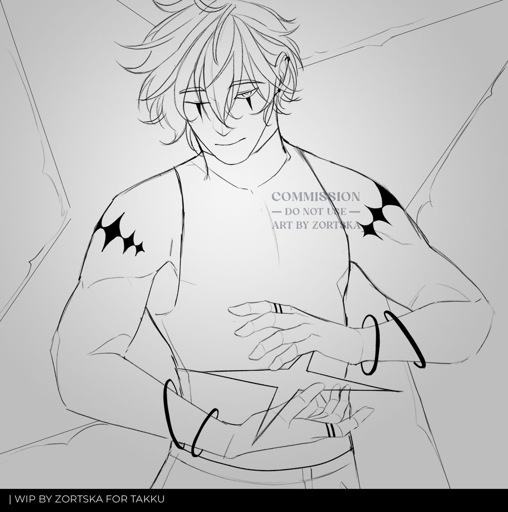 A digital sketch of a male character from the torso up, facing forward with a slight smile. He is holding a star in his hands. He has tattoos on both shoulders and is wearing bracelets on both arms. WIP by zortska, comm for Takku
