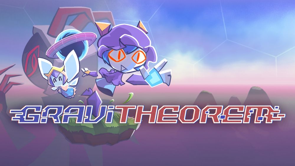 title card for GRAVITHEOREM with Rem hopping about and D.G. flying happily next to her. behind them is a blue gravity sink, a looming demonic figure, blue sky, pink void, and distant mountains.