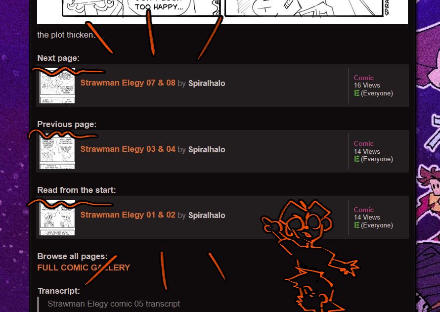 a screenshot highlighting navigational links on each Strawman Elegy comic page entries on Newgrounds, with a doodle of Strumano and Fina over it.