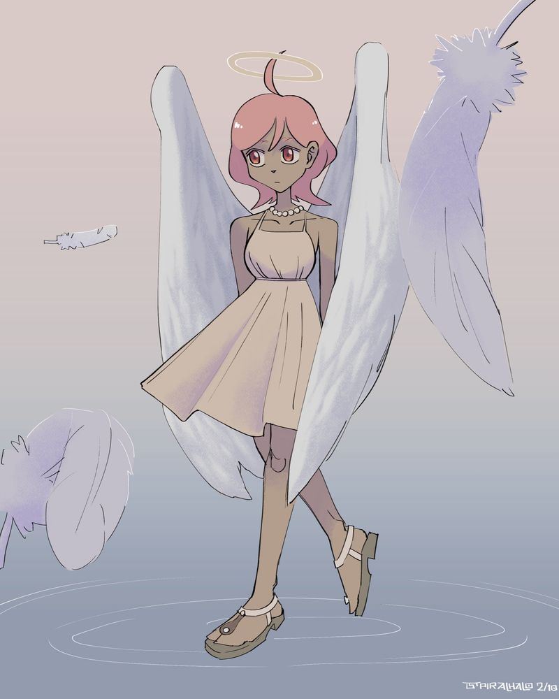 artwork of an angel touching down on a rippling surface. her wings are folded forward. she has medium tone skin, reddish eyes, pinkish hair, wears a cream one piece dress, pearl necklace and sandals. there are loose feathers fluttering about. her facial expression is neutral or somewhat curious.