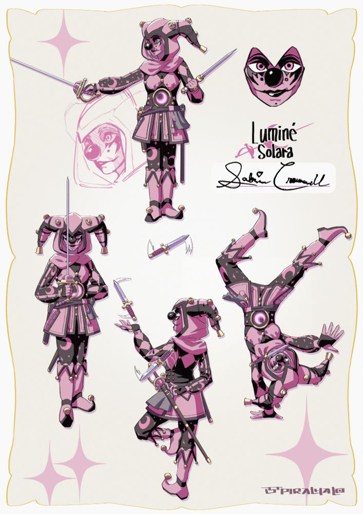 character sheet for Sabrina Cromwell a.k.a Luminé Solara, a sword-wielding clown wearing all pink and black hooded clothes with traditional jester elements.

she is featured in 4 poses: neutral, sword readying stance, knives juggling, and performing a handstand while biting a dagger.

the character sheet features a signature of Sabrina Cromwell by ReinaTatou.