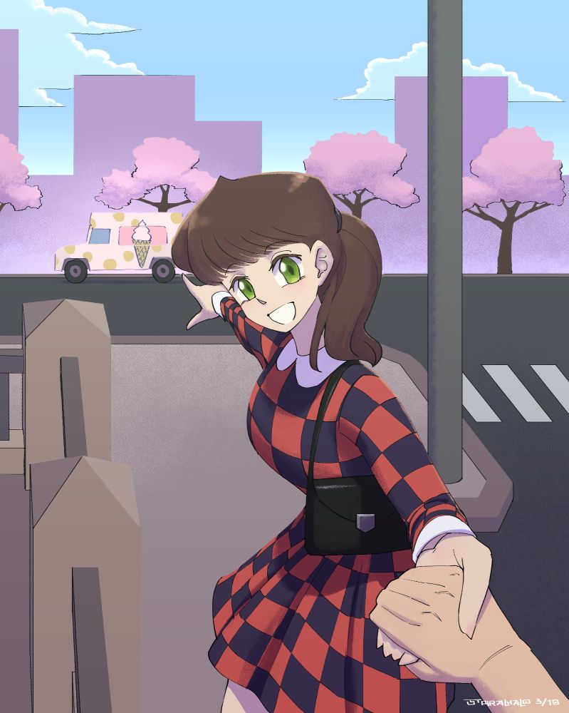 Artwork of a smiling woman pulling the POV character's hand and pointing towards an ice cream truck. She is wearing a dress with red and dark blue checkerboard pattern.