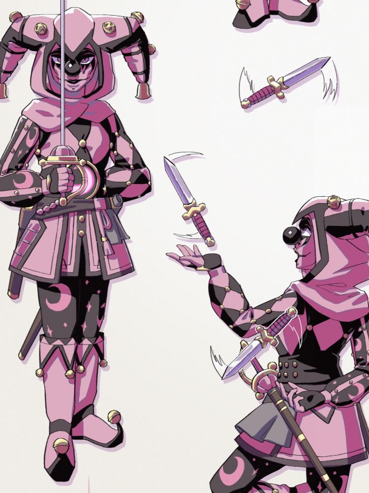 close up of the sword readying stance and juggling knives poses.