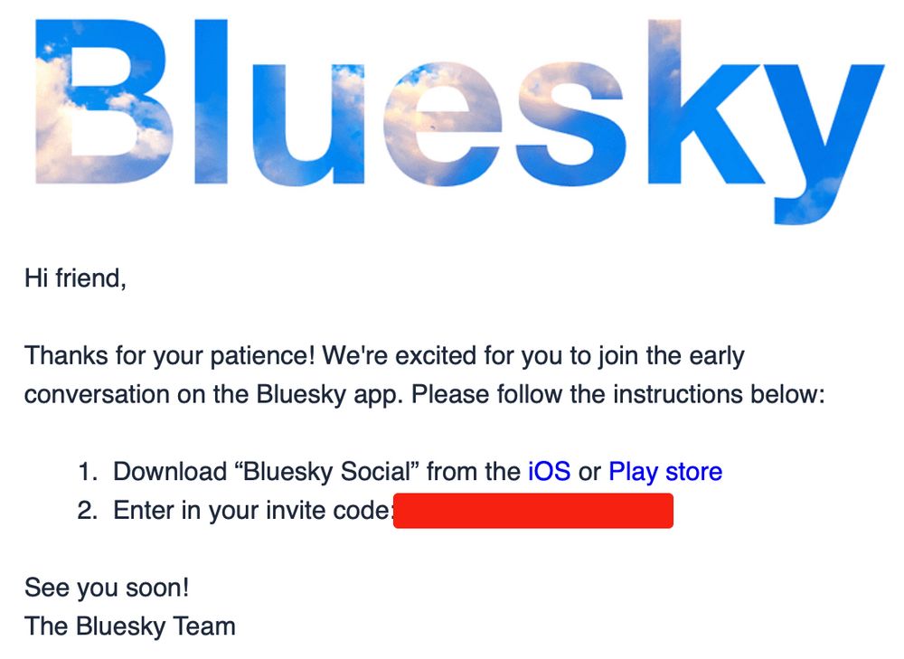 A screenshot of a Bluesky invitation email I got this morning.