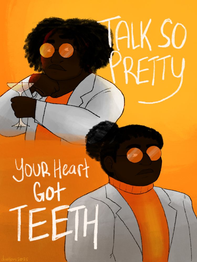 Dr. Mortum with her natural roots, relaxing in her casual orange shirt and a labcoat while holding a wine glass (top) meanwhile, she have her hair up, orange knit sweater and the same lab coat- showing wary (bottom)