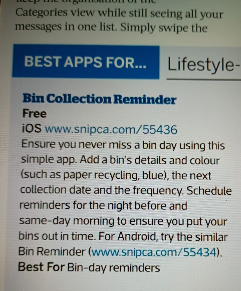 A suggestion to use a 'Bin Collection Reminder 'app