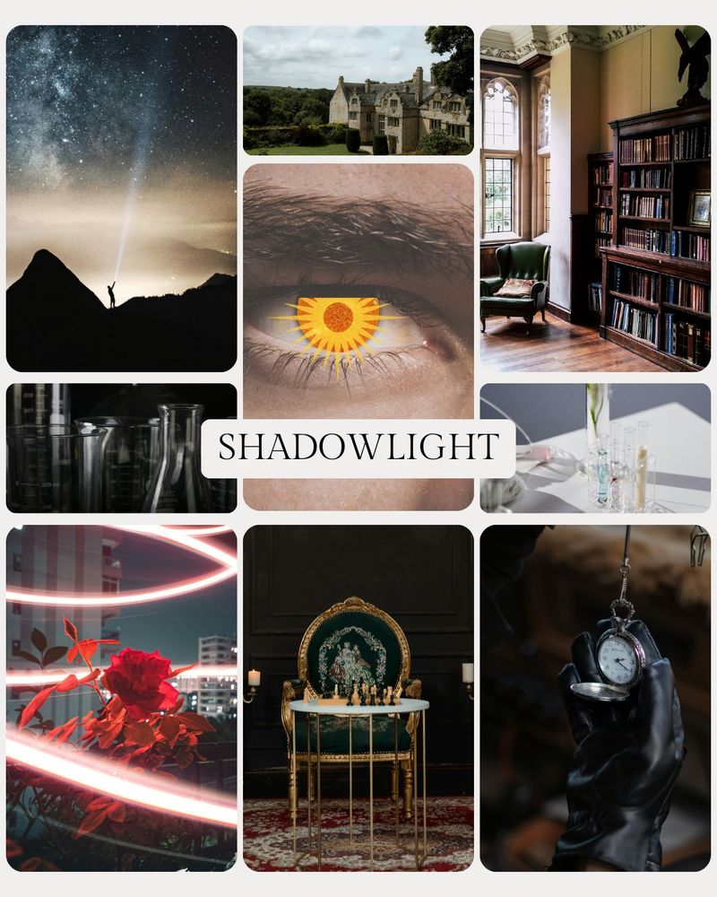 Moodboard collage with the title SHADOWLIGHT centered. Three small panels display a series of scientific flasks, an English country estate, and some test tubes with various contents gathered on a white surface. Six larger panels display a library, a chessboard set up before an ornate chair, the silhouette of a man on a mountain top appearing to catch a falling star, a gloved hand holding an open pocket watch, a blooming rose with a long-exposure light swirl looping around it, and a man's eye with a glowing starburst over the iris and pupil.