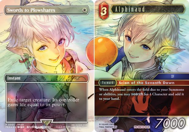 A picture of a foil Swords to Plowshares card featuring Alisaie from Final Fantasy 14 and a picture of a foil promo Alphinaud card from the Final Fantasy TCG, which when combined make one full artwork