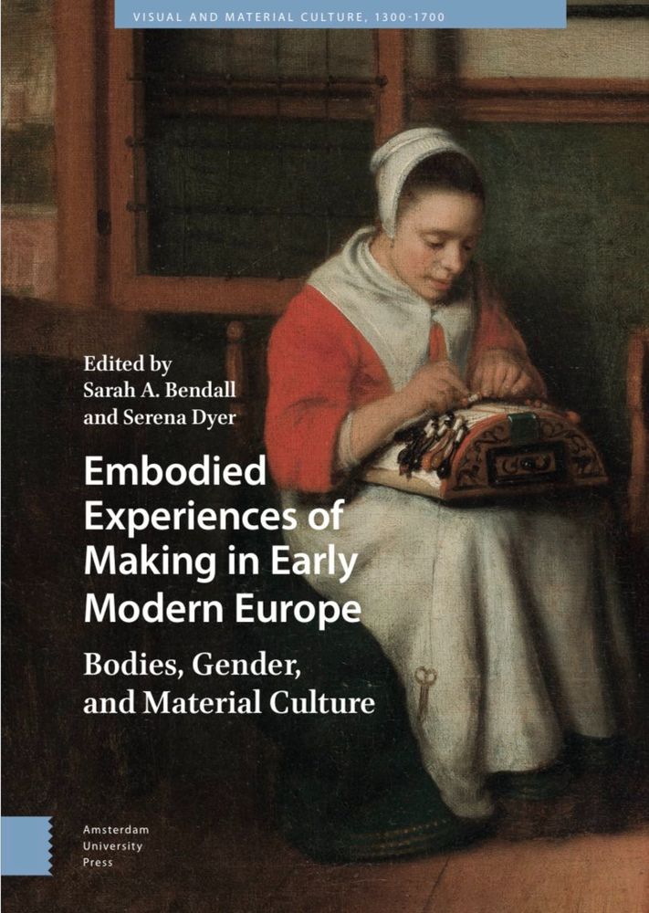 Front cover visual of a book, reproducing a painting of a seated woman in a red dress with a long white apron, sitting and working on some kind of hand craft (weaving or embroidery?) in her lap.