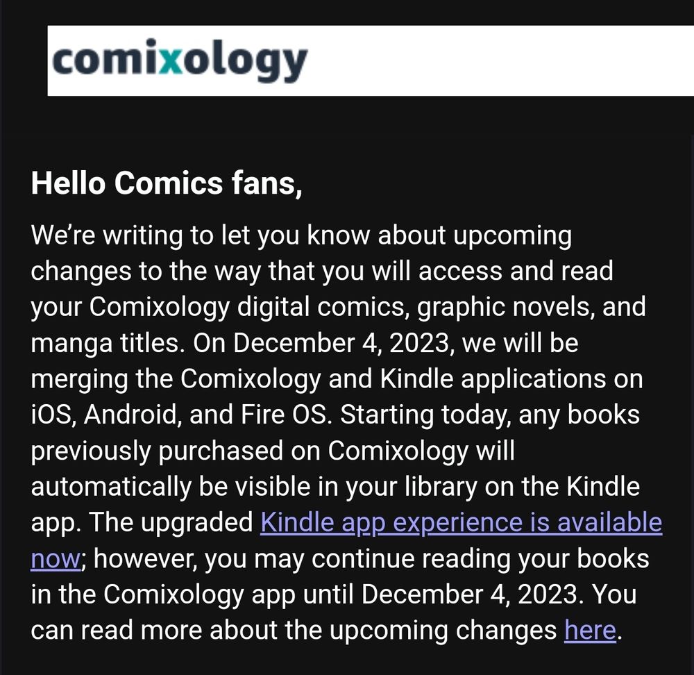Comixology shutting down announcement