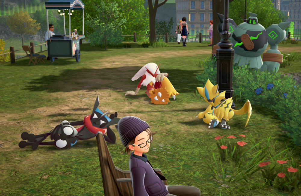 Screenshot from Pokémon Legends Z-A showing 4 of my Party Members resting at a park.