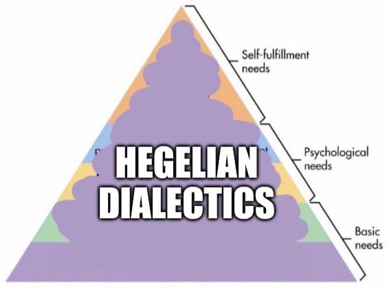 The needs hierarchy but everything is one color with a big caption written Hegelian Dialectics 