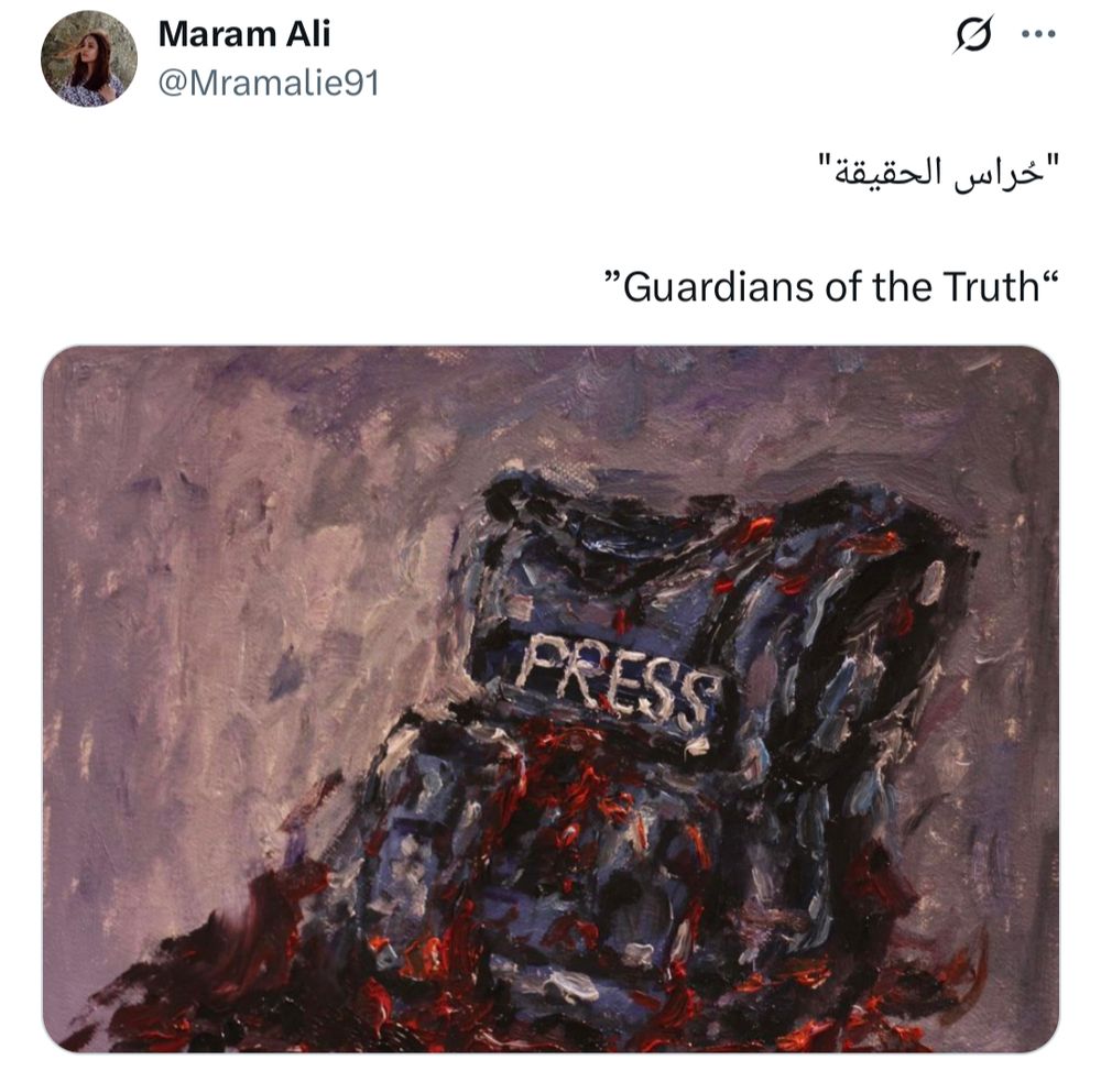 A textured painting showing a press vest covered in blood
