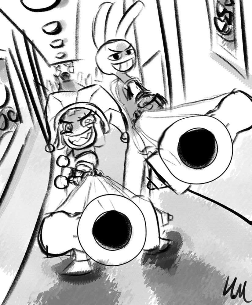 An artwork from digital circus of Jax and Pomni standing together as they point their gun at the camera with a murderous grin