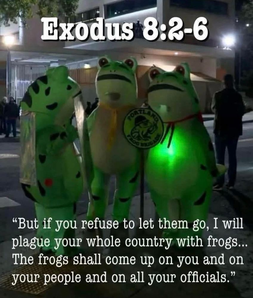 Three protesters in frog suits in Portland, Oregon, with white text overlaid on the photo: 
Exodus 8:2-6
"But if you refuse to let them go, I will plague your whole country with frogs... The frogs shall come up on you and on your people and on all your officials."