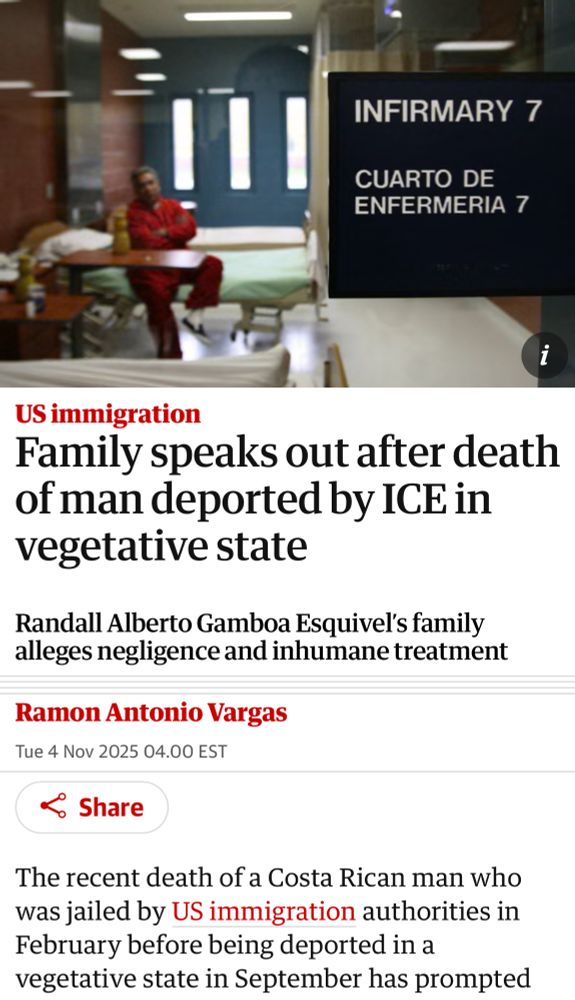 Screenshot: A Guardian headline about Randall Gamboa, a Costa Rican man who was detained by ICE in the US, and eventually returned to Costa Rica in a vegetative state.