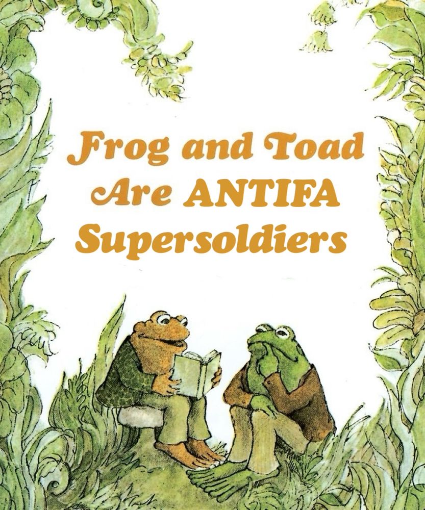 The cover of “Frog and Toad Are Friends”, but the title now reads “Frog and Toad Are ANTIFA Supersoldiers”