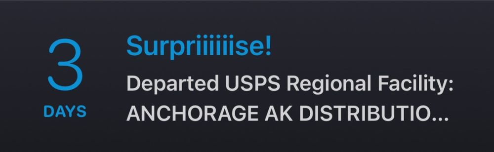 A screenshot from a package tracking app, telling me the surprise I must hide and shut up about will be here on Monday.