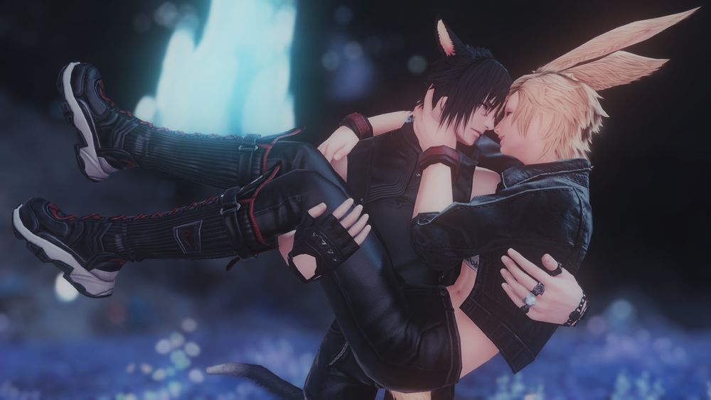 Noctis holding Prompto romantically in his arms, appearing quite smitten with his pretty viera.