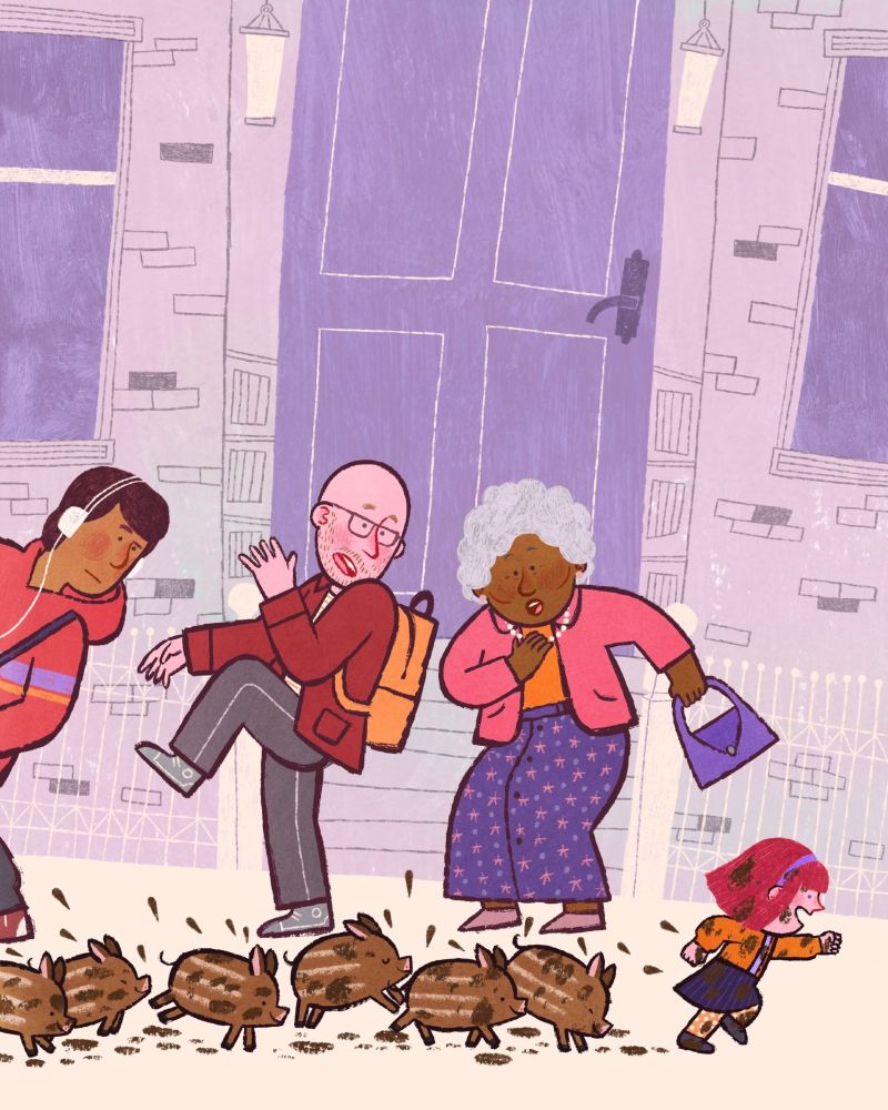 An illustration of a little girl running covered in mud splatters, followed by six happy boarlets, who are also covered in mud. There are three adults, two of which are stepping back in an attempt not to get muddy and looking shocked, while the third is raising an eyebrow in disbelief