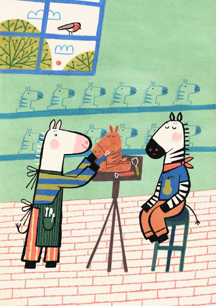 Illustration of a two anthromorphic zebras in a sculpture studio. One of them has no stripes and is sculpting a bust of the other zebra who is sitting in a stool with her eyes closed 