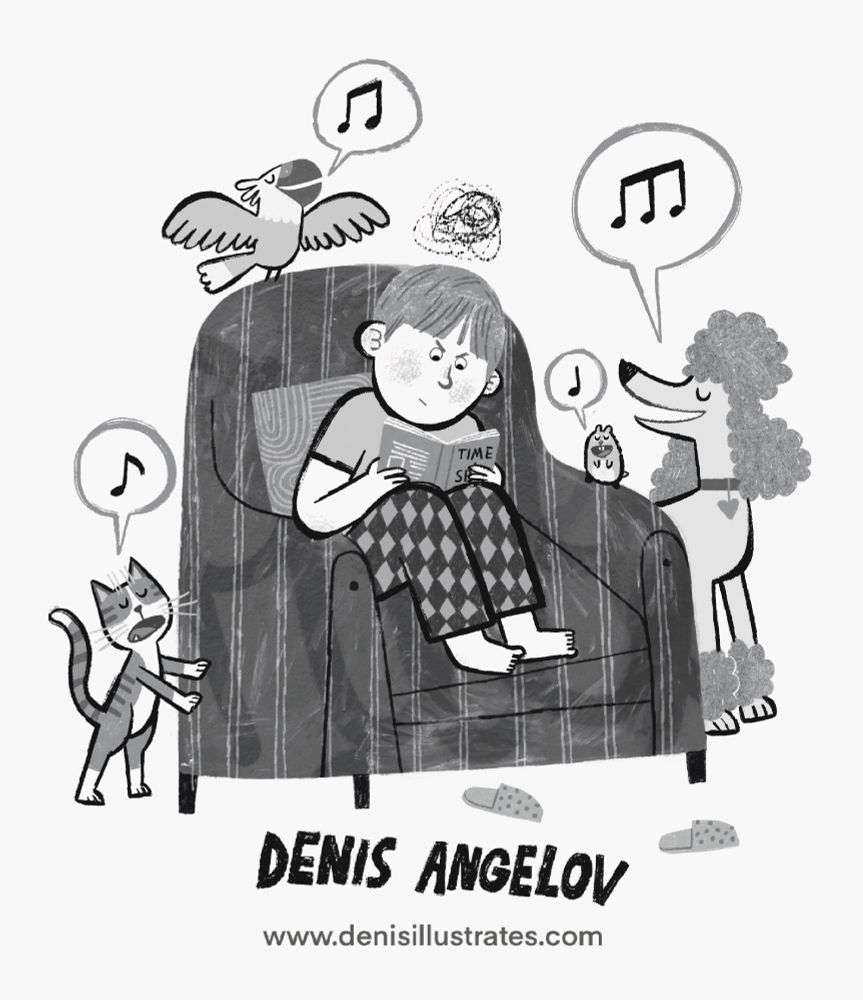 Black and white illustration of a boy sitting in an armchair, looking annoyed and reading a book. There are four animals around him - a parrot, a cat, a hamster and a dog, all of whom are singing. 