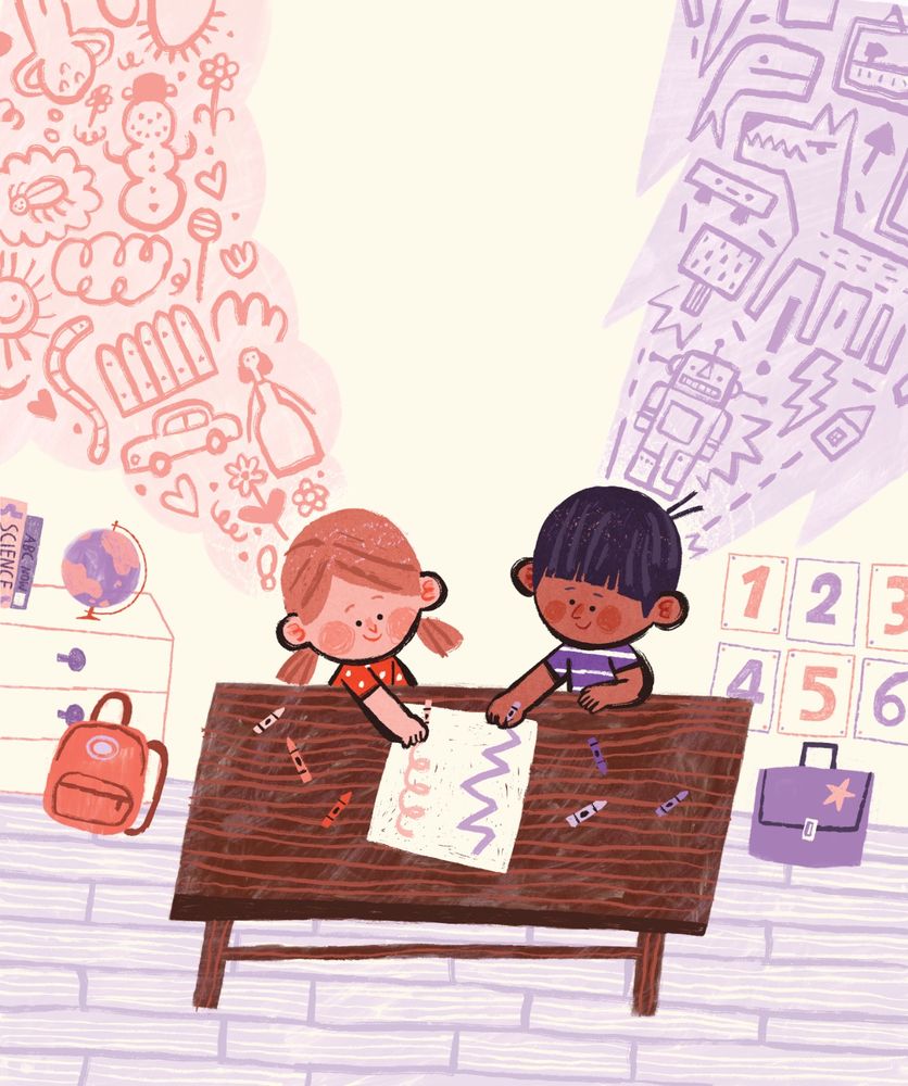 Illustration of a boy and a girl drawing on a single piece of paper. The girl is using a pink crayon and there is a variety of pink and round-shaped ideas coming out of her head (lady, car, flowers, hearts etc.) while the boy is using a purple crayon and there's a plethora of sharp-edged purple ideas (robot, lightning bolts, wolf etc.) coming out of his head