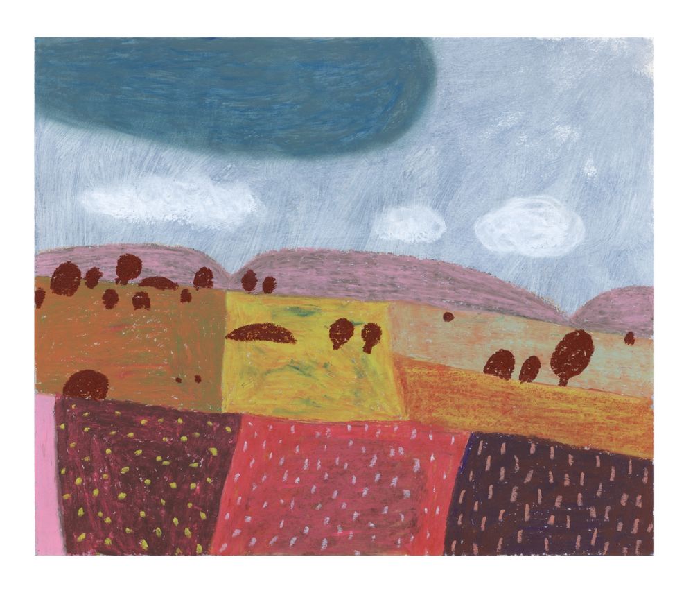 Abstract landscape painting in autumnal colors featuring a big grey cloud