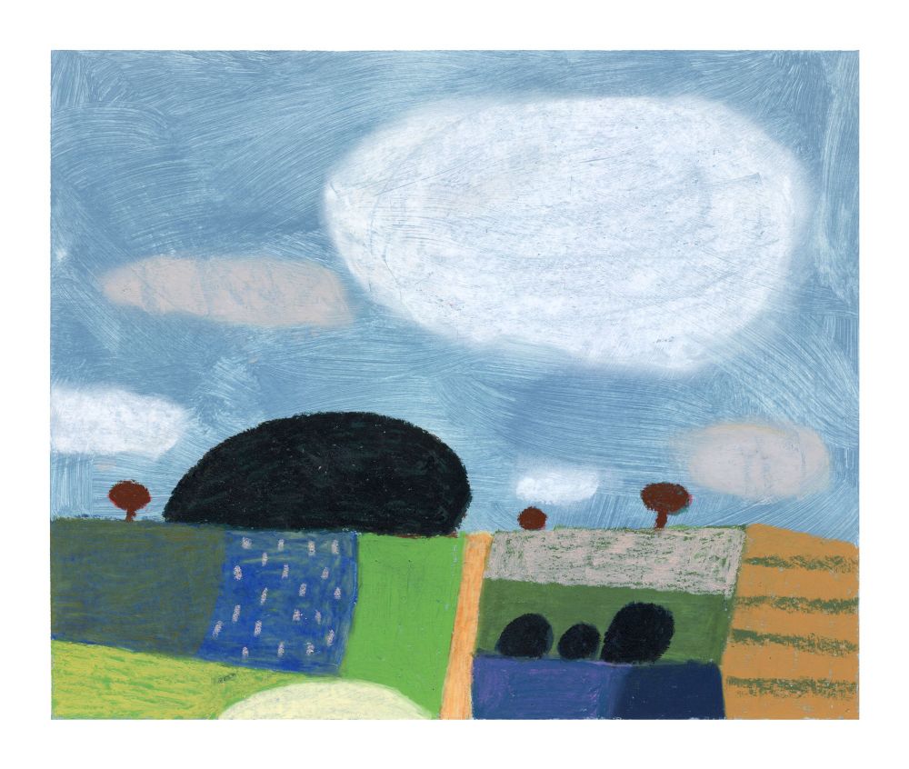 Colorful abstract landscape featuring a big white cloud in the sky