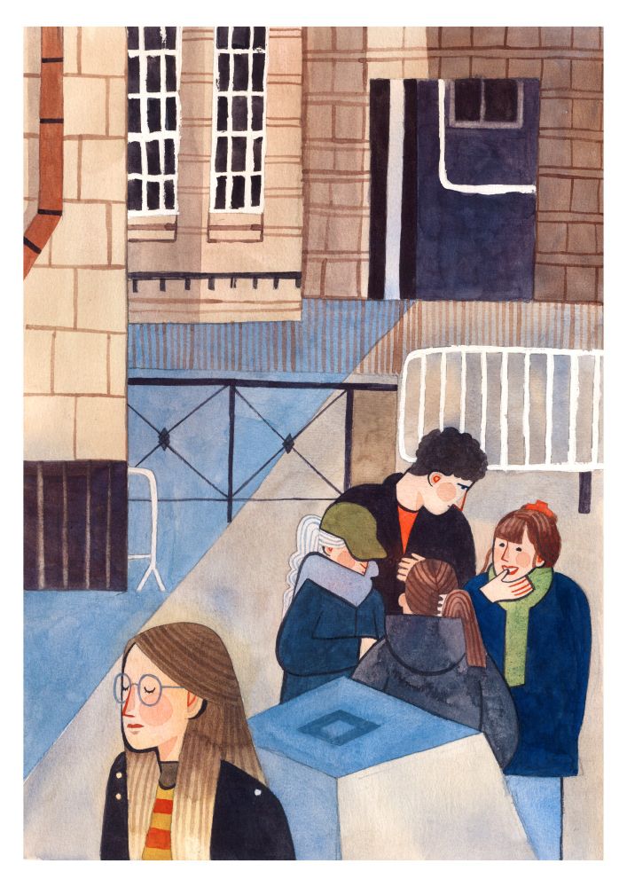 Watercolor illustration of people hanging out in front of beige buildings
