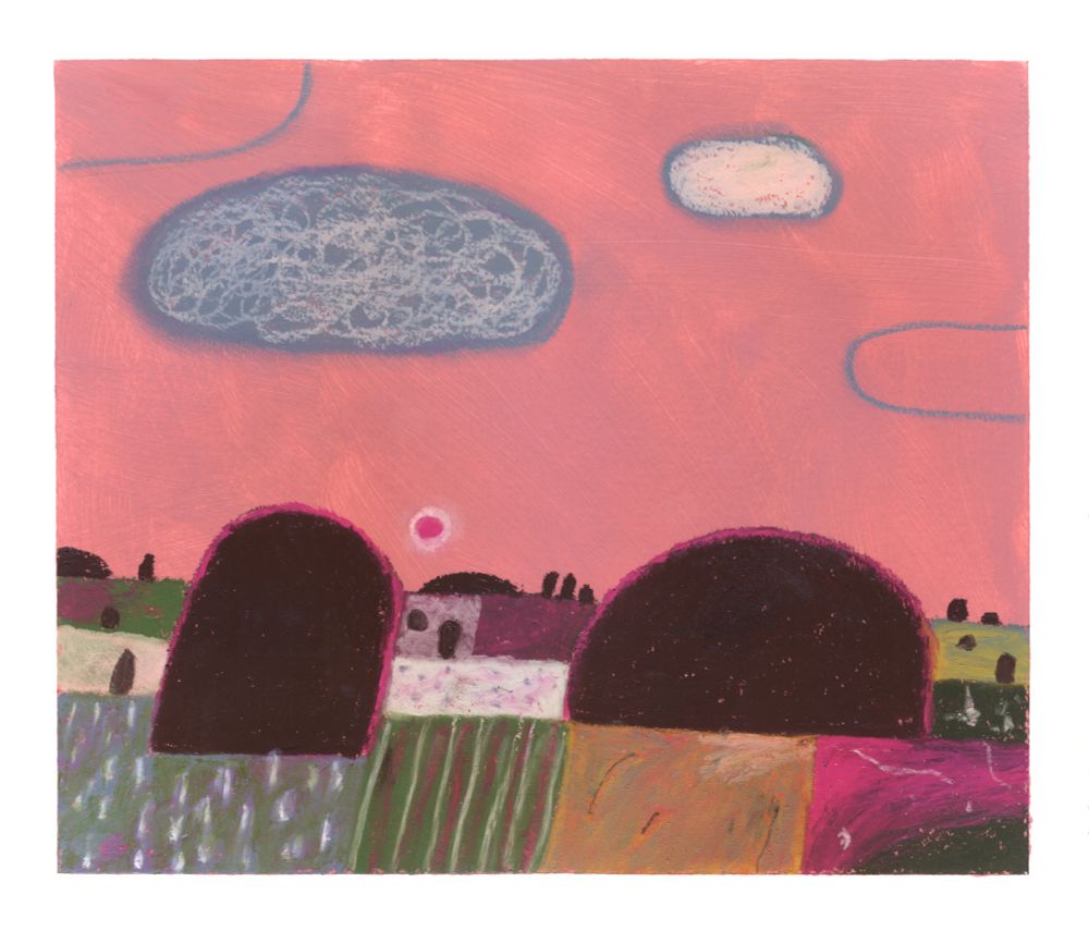 Abstract landscape painting in pinks, purples, browns and olive greens