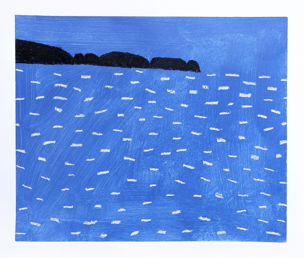 Minimal abstract landscape in blue, black and white 
