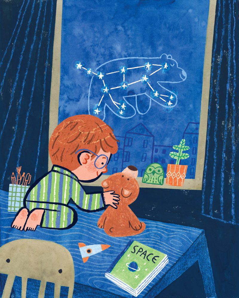 Nighttime illustration of a boy wearing green, blue, and white striped pyjamas sitting on a desk and holding the head of teddy bear who is sat next to him. There is a book about space on the desk next to them, as well as a toy rocket and a cup filled with pens, brushes, and pencils. They are sitting in front of a large window, through which we can see the night sky and the Ursa Major constellation. 