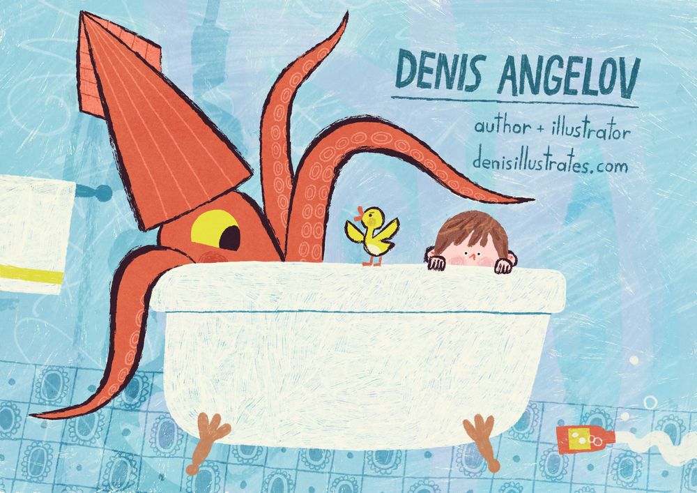 Illustration of a giant squid, a duckling and a kid in a bathtub. The squid is looking curious trying to get the attention of the kid with its tentacles. The child is looking right at us in fear. The duckling is standing between the two, wings spread out, trying to defend the kid. 
