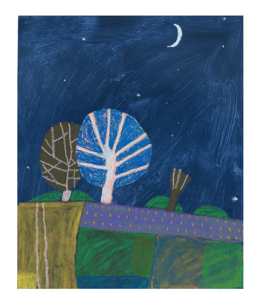 Nighttime abstract landscape painting featuring three trees a moon and a few stars 